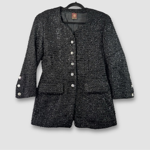 Vintage Anne Klein Black 80s 90s Metallic Embellished Wool Blend Blazer Size 10 - Picture 1 of 16